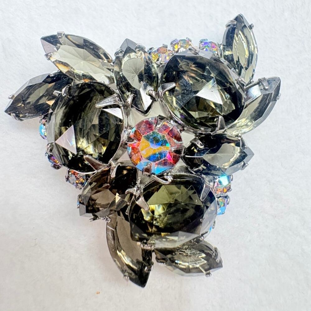 Vintage 1950s–60s Rhinestone Brooch AB Rivoli Center Smoky Marquise Stones